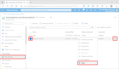 Снимок экрана: удаление контейнера на портале Azure.