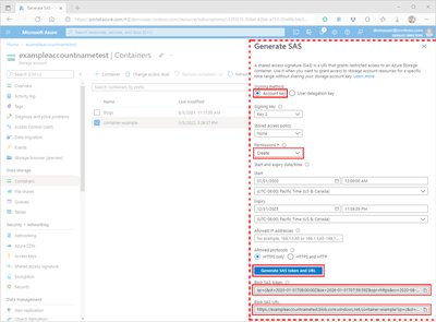 Снимок экрана: создание SAS для контейнера на портале Azure.