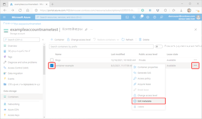 Снимок экрана: доступ к метаданным контейнера на портале Azure.