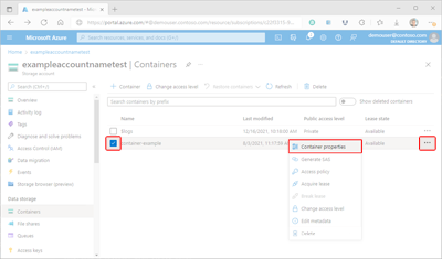 Снимок экрана: отображение свойств контейнера на портале Azure.