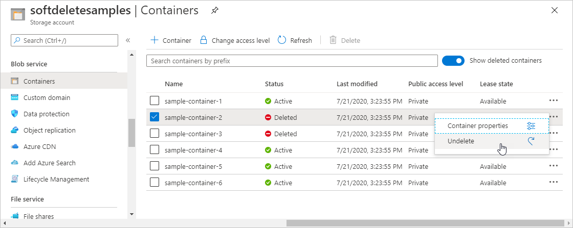 Снимок экрана: восстановление обратимого удаленного контейнера на портале Azure.