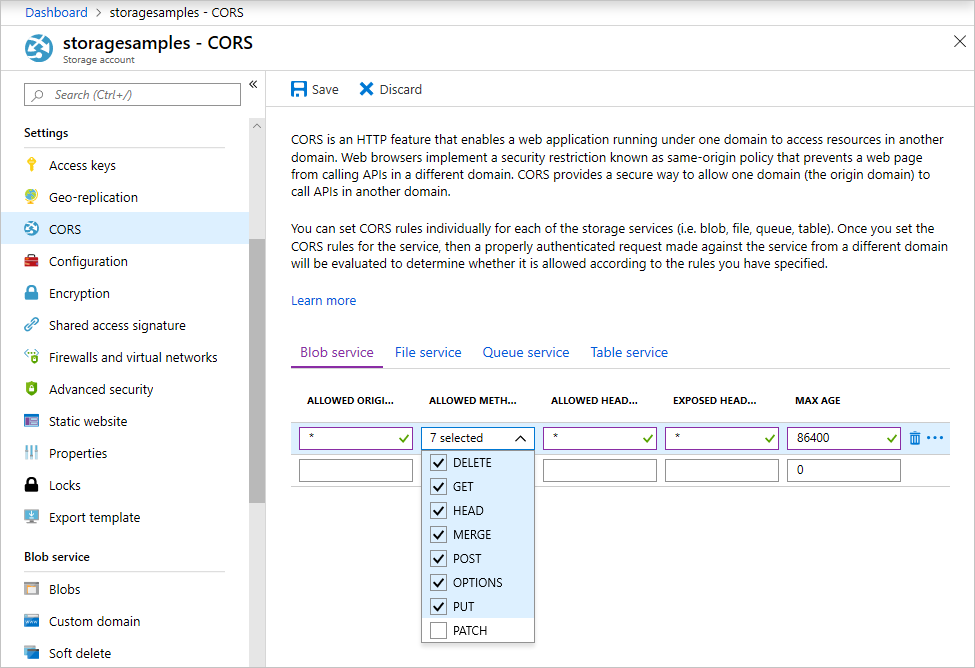 Настройки CORS для учетной записи Azure Blob Storage
