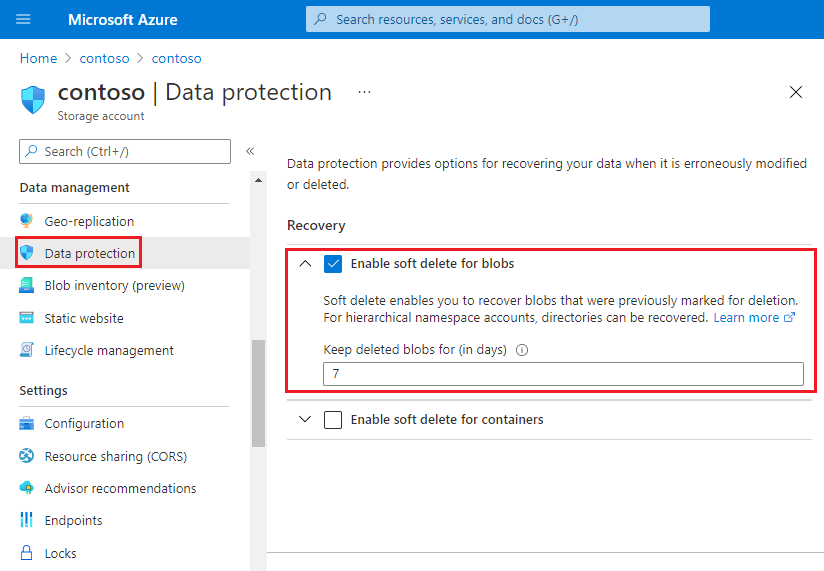 Снимок экрана, показывающий, как включить мягкое удаление на портале Azure в учетных записях с иерархическим пространством имен.