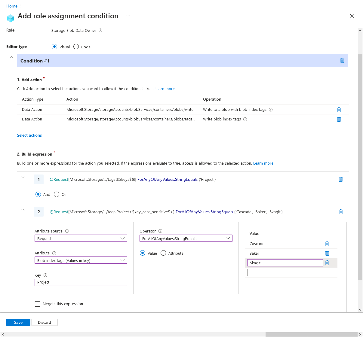 Снимок экрана: редактор условий на портале Azure с существующими BLOB-объектами должен иметь ключ и значения тега индекса BLOB-объектов.