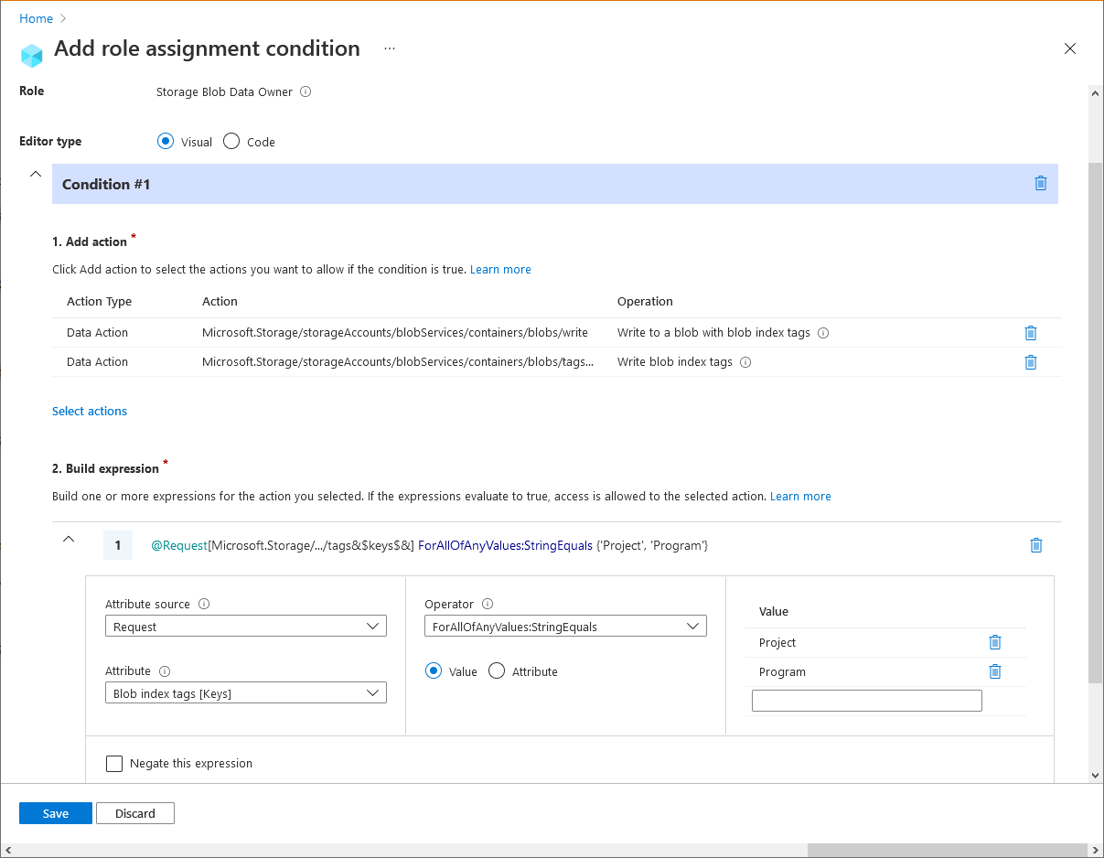 Снимок экрана: редактор условий на портале Azure с существующими большими двоичными объектами должен иметь ключи тега индекса BLOB-объектов.