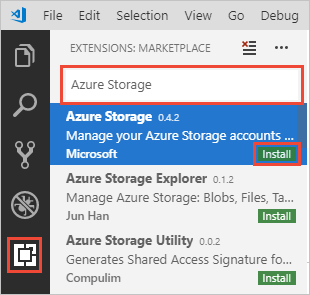 Установка расширения службы хранилища Azure в VS Code