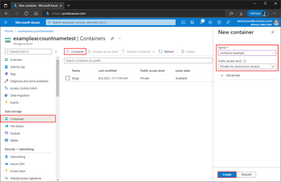 Снимок экрана: создание контейнера на портале Azure