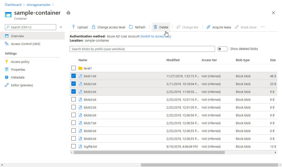 Снимок экрана: удаление BLOB-объектов на портале Azure