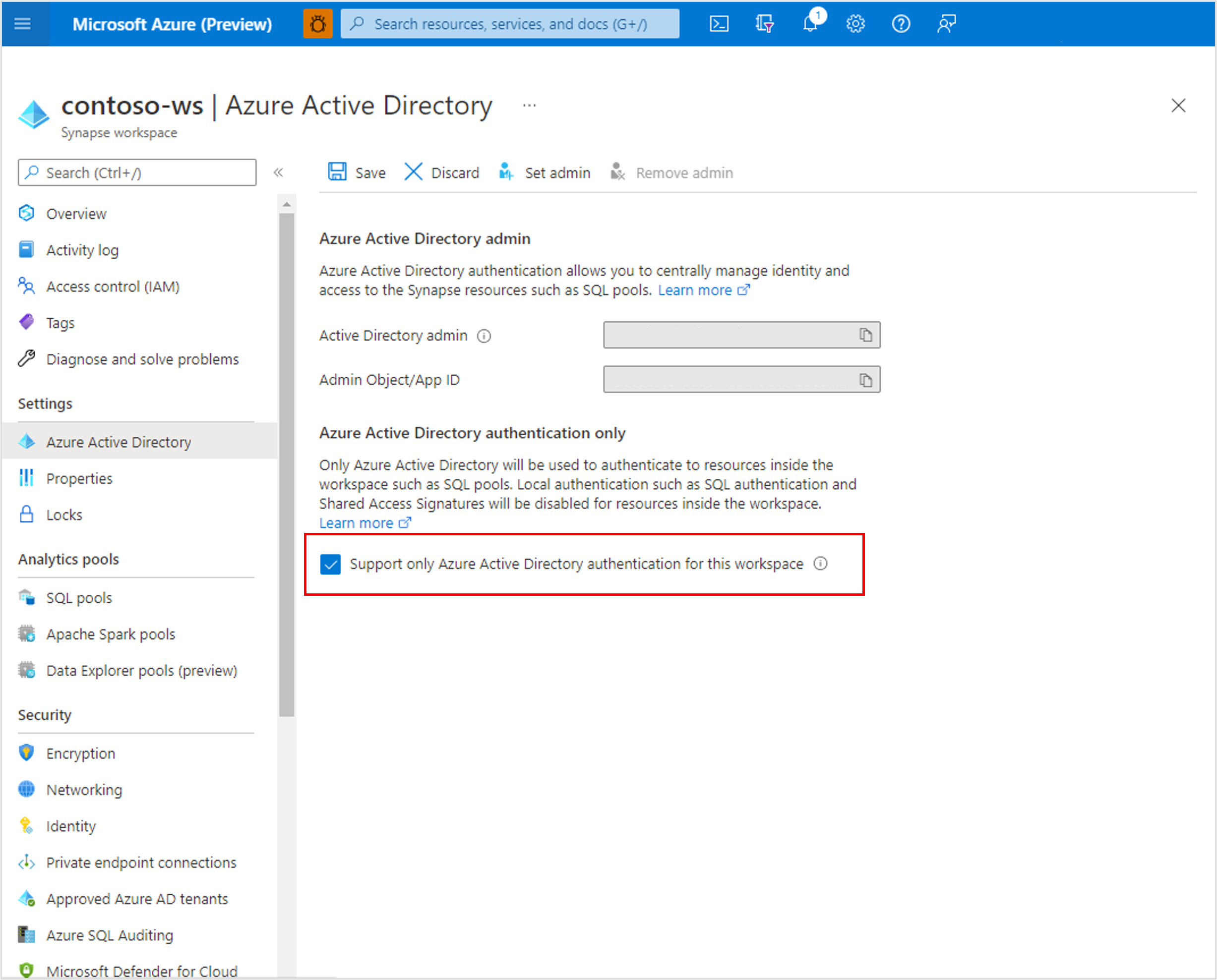 Конфигурация аутентификации только через Microsoft Entra после создания рабочей области