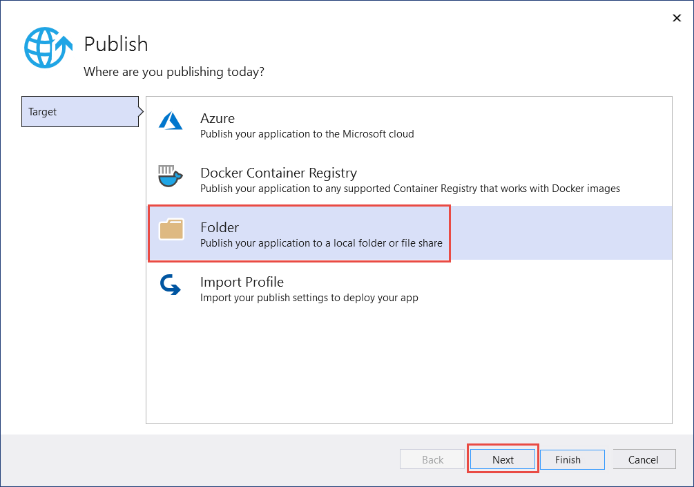 Выбор целевого объекта публикации в Visual Studio