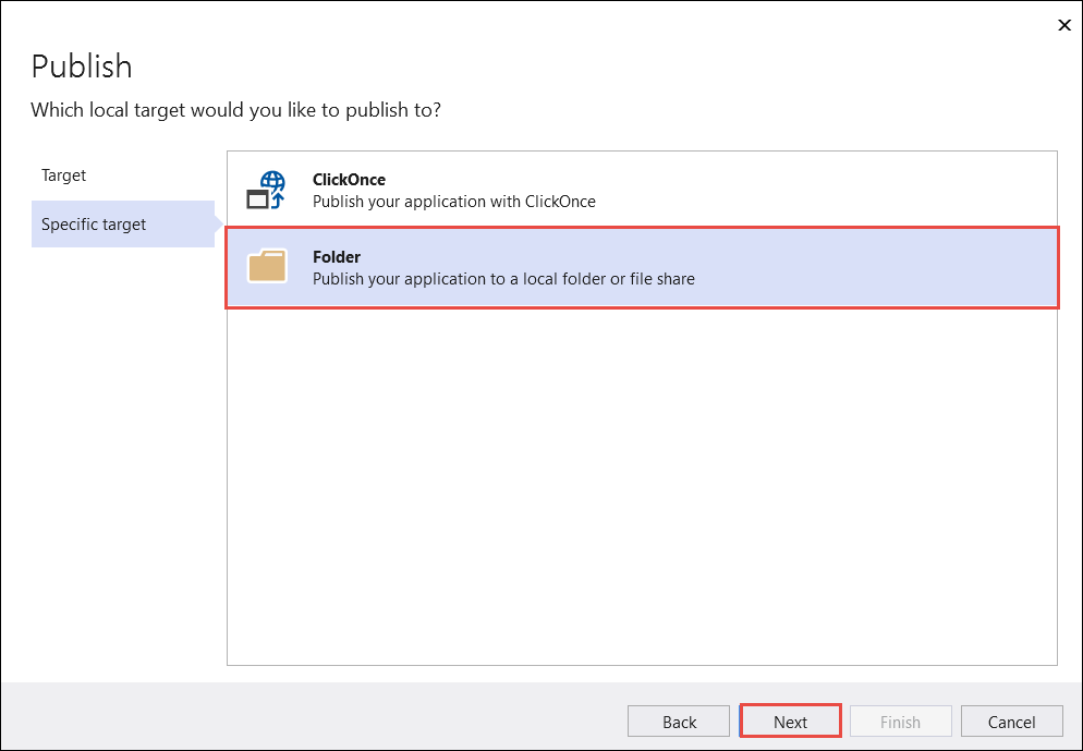 Выбор конкретного целевого объекта публикации в Visual Studio