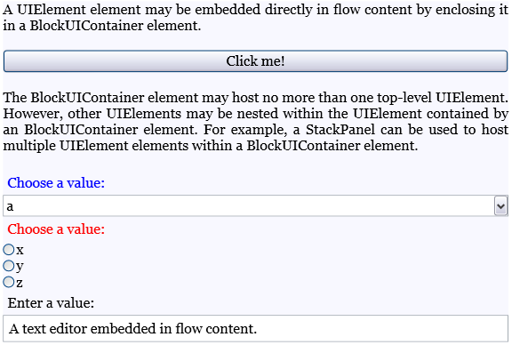 Снимок экрана, показывающий UIElement, встроенный в содержимое потока.