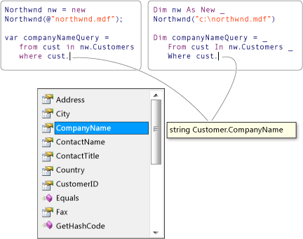 Схема, показывающая запрос LINQ с Intellisense.