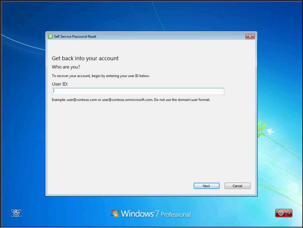 Скриншот, на котором показан пример Windows 7 с функцией Забыли пароль? Поток SSPR.