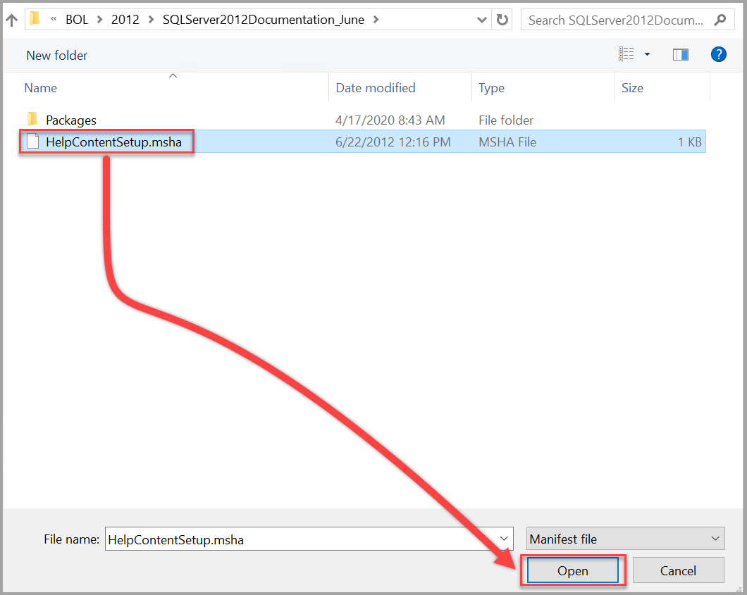 Откройте файл справки ПО SQL Server 2012 Help Setup.msha
