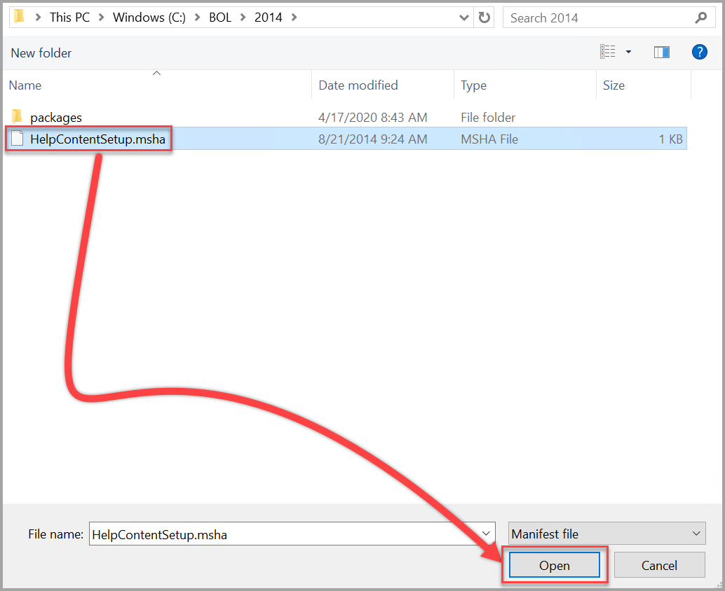 Откройте файл установки справочного содержимого SQL Server 2014 Setup.msha