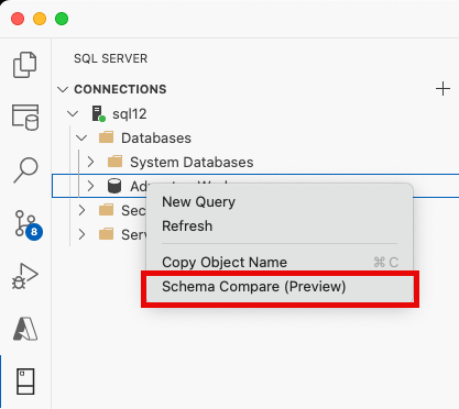 Снимок экрана: пункт меню сравнения схем в обозревателе объектов Visual Studio Code.