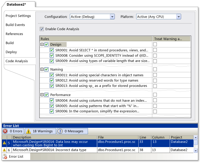 снимок экрана: параметры проекта SQL Server Data Tools для правил анализа кода.