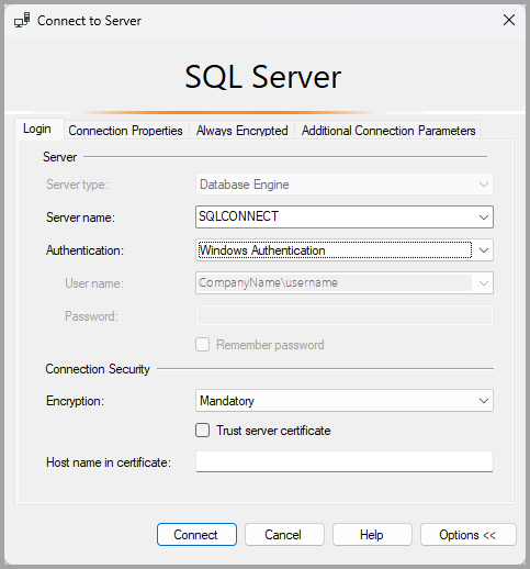 Снимок экрана: диалоговое окно классического подключения для SQL Server.