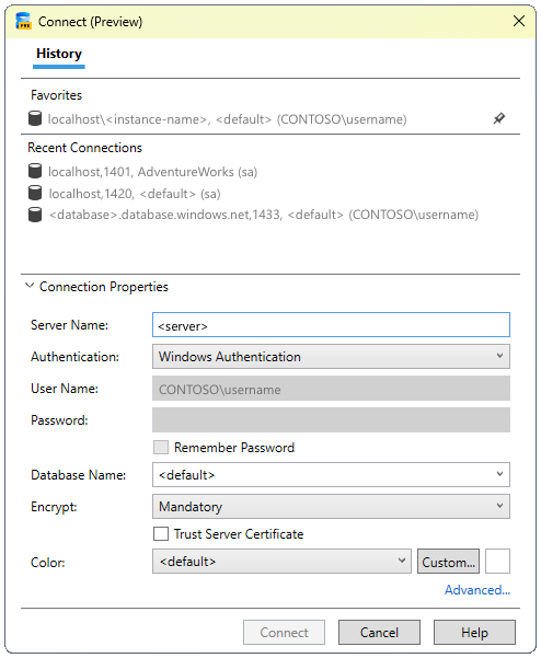 Снимок экрана: диалоговое окно современного подключения для SQL Server.