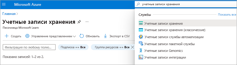 Снимок экрана: результаты поиска учетной записи хранения.