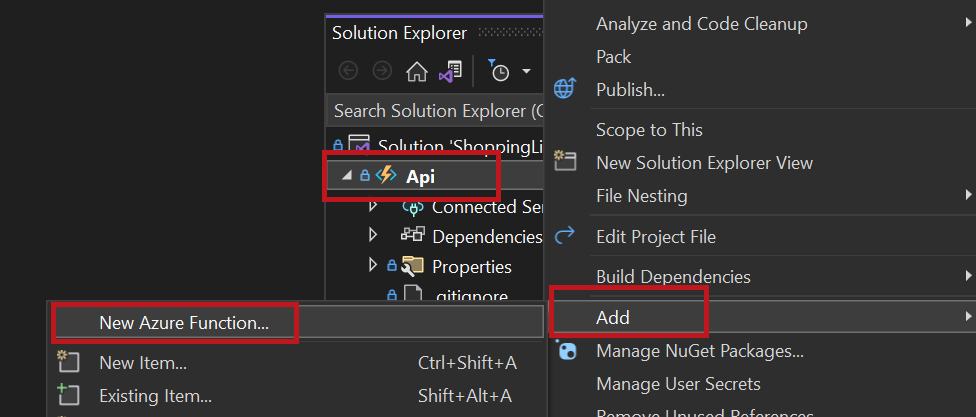 Снимок экрана: создание элемента функции Azure.