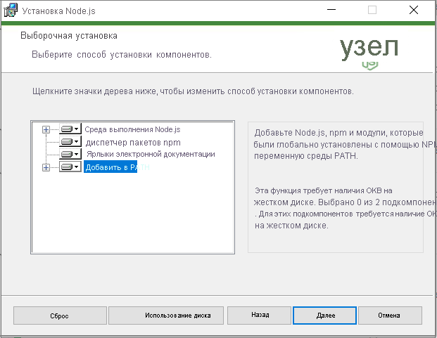 Снимок экрана: настраиваемая установка параметров Node.js в мастере.