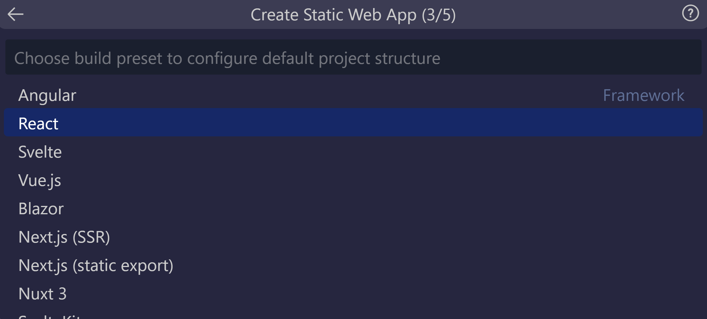 Снимок экрана: выбранный параметр React.