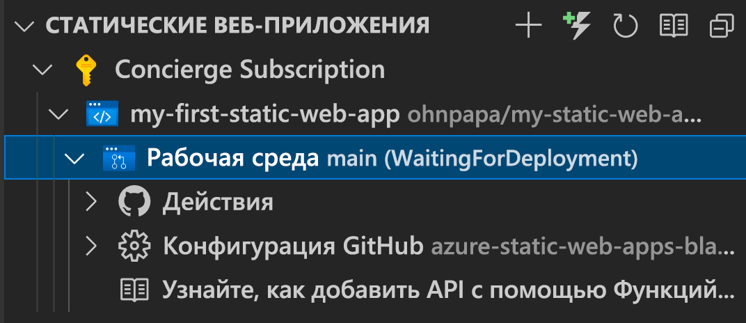 Снимок экрана пользовательского интерфейса VS Code, ожидающего развертывания.