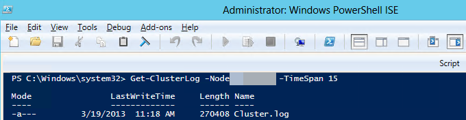 Снимок экрана: журнал кластера Windows в Windows PowerShell.