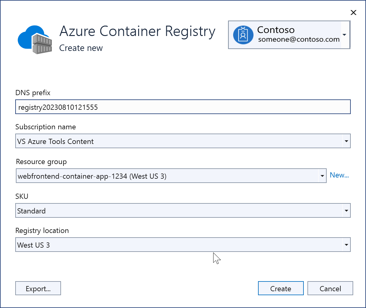 Снимок экрана: только что созданный реестр контейнеров Azure.