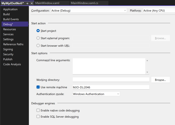 снимок экрана вкладки отладки в свойствах проекта Visual Studio. Свойство 