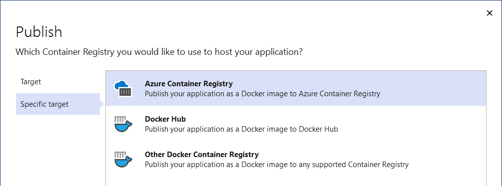 Снимок экрана, на котором видны параметры «Публикация в реестре контейнеров Docker».
