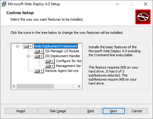 Снимок экрана, показывающий компоненты Web Deploy 4.0