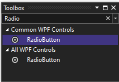 снимок экрана окна панели элементов с элементом управления RadioButton, выбранным в списке общих элементов управления WPF.
