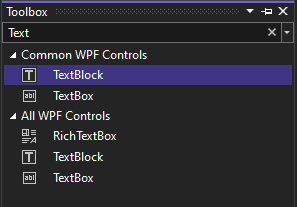 снимок экрана окна панели элементов с элементом управления TextBlock, выбранным в списке общих элементов управления WPF.