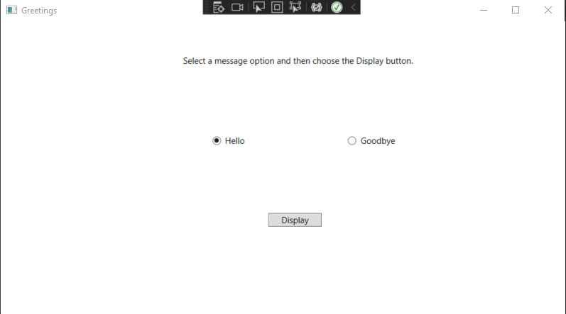 Снимок экрана окна приветствия с элементами управления TextBlock, RadioButtons и Button, отображенными и выбранным текстом 'Hello'.