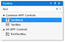 снимок экрана окна панели элементов с элементом управления TextBlock, выбранным в списке общих элементов управления WPF.