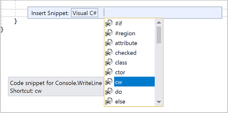 снимок экрана всплывающего окна IntelliSense для списка фрагментов кода C#.