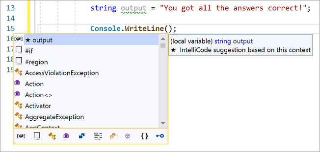 Снимок экрана: завершение аргумента в IntelliCode для Visual Studio.