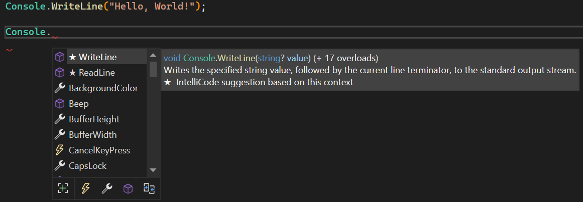снимок экрана списка элементов IntelliSense.