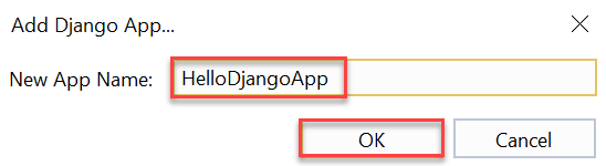 снимок экрана, показывающий, как ввести имя нового приложения Django в всплывающем диалоговом окне в Visual Studio.