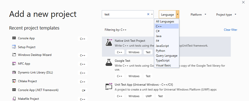снимок экрана: окно добавления нового проекта с помощью C++, выбранного в Visual Studio 2019.