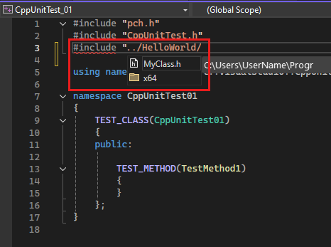 снимок экрана: обозреватель решений с оператором #include с intelliSense, в котором выделен файл заголовка в Visual Studio 2022.