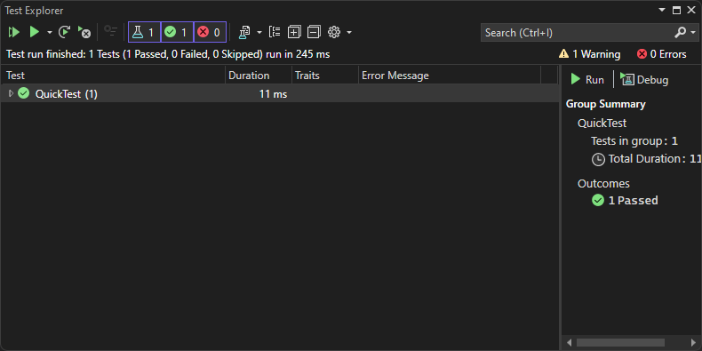 снимок экрана: обозреватель тестов после выполнения тестов в Visual Studio 2022.