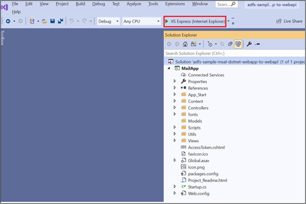 Снимок экрана пользовательского интерфейса Visual Studio с выделенной опцией IIS Express (Internet Explorer).
