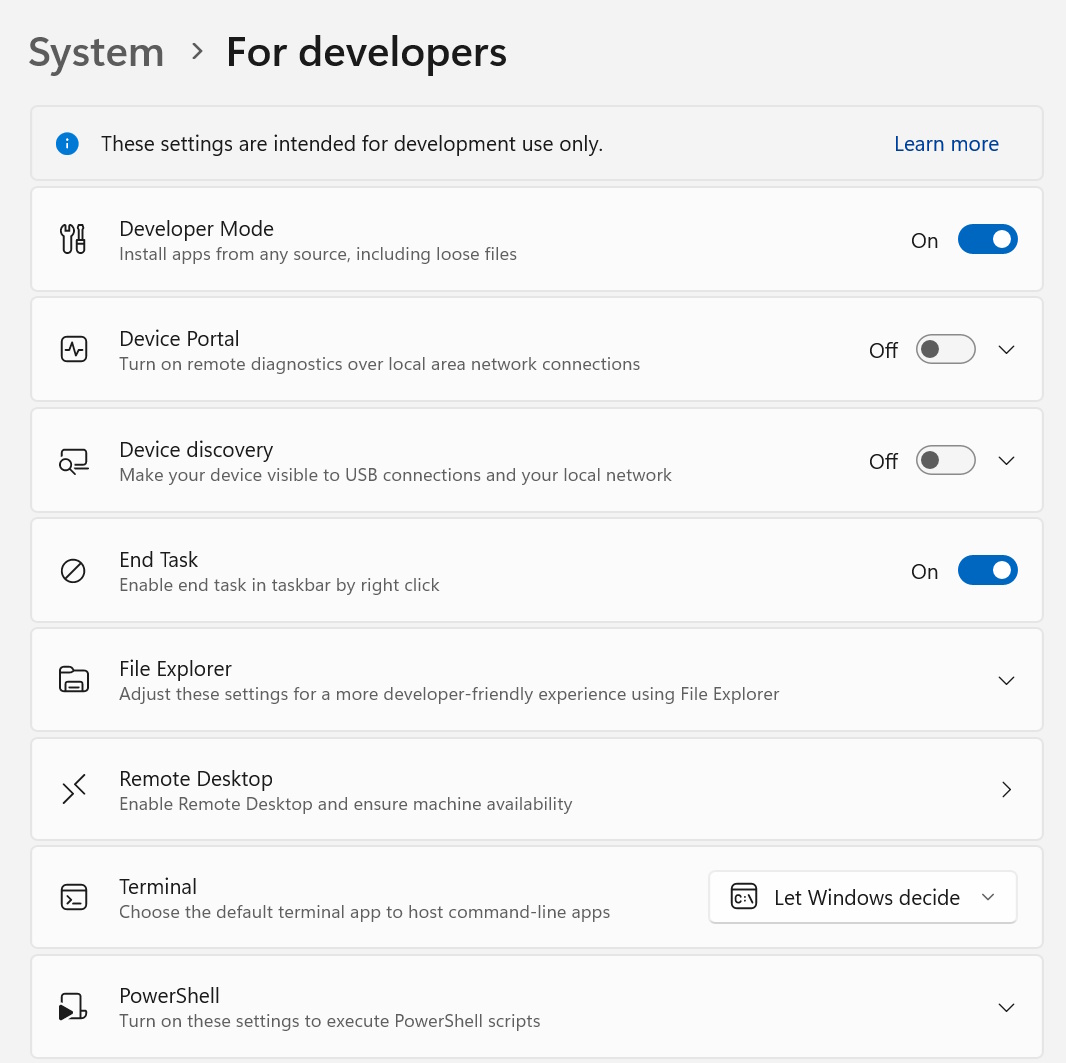 Параметры разработчика Windows