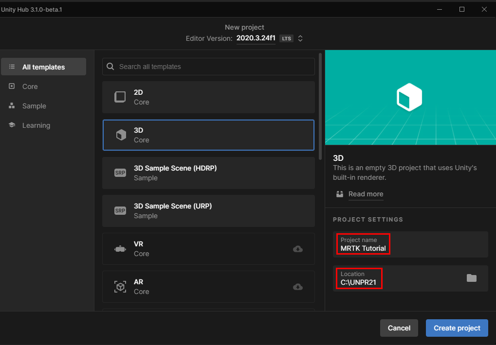 Снимок экрана Unity Hub, на котором выделены поля 