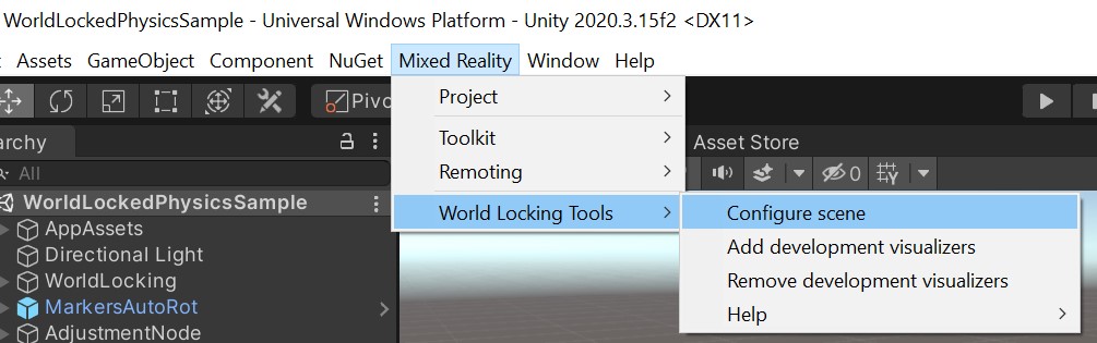 Редактор Unity с выбранным меню набора средств Смешанная реальность