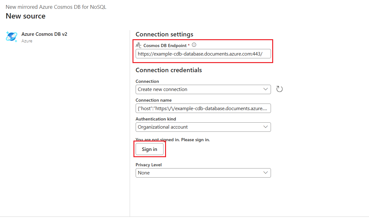 Skärmbild som visar en skärm för konfigurationskonfiguration för Cosmos DB-spegling före OAuth-autentisering.